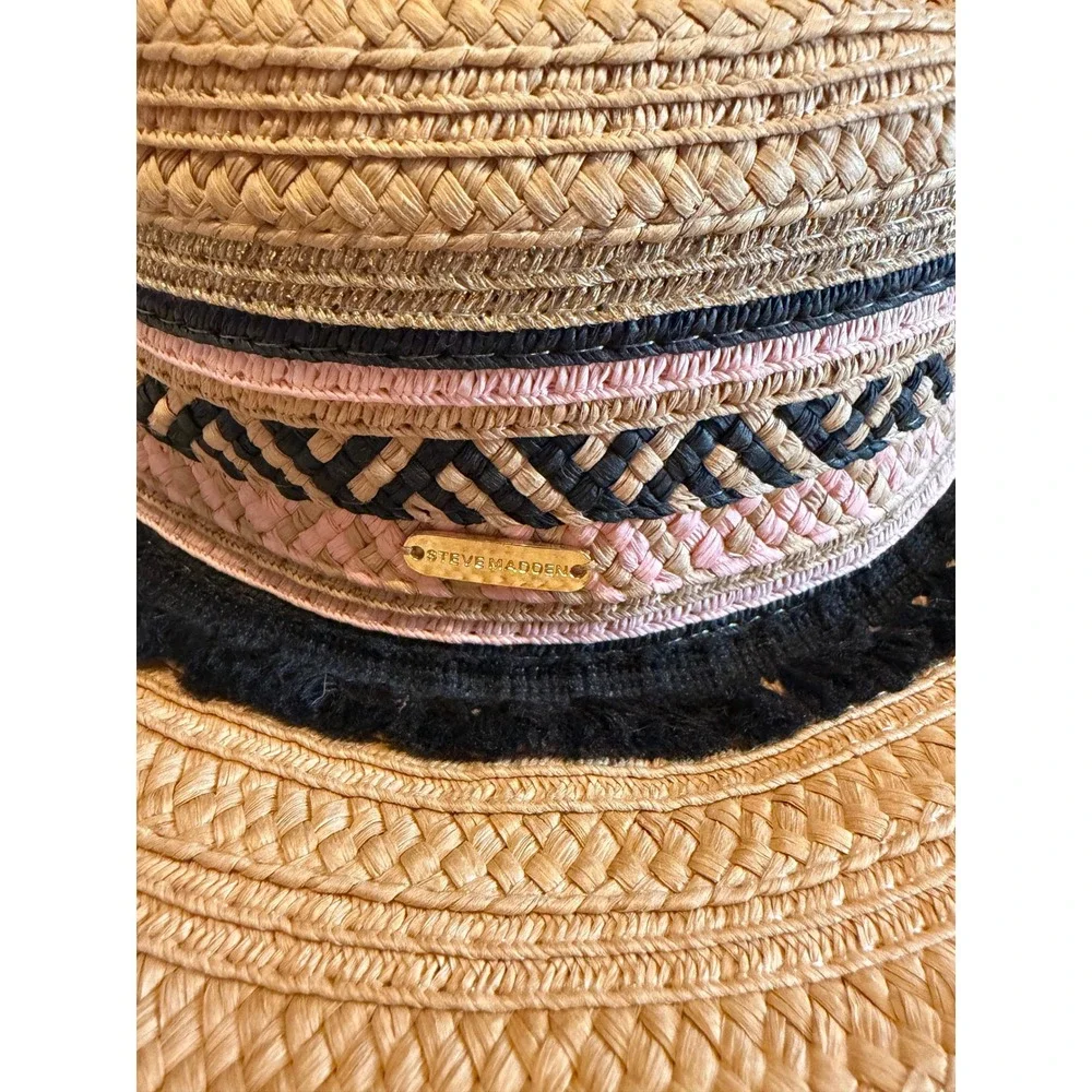 Steve Madden‎ Womens Wide Brim Straw Sun Hat Tan Black Pink Gold Metallic OS